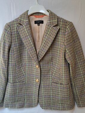 Talbots Petite Houndstooth Tweed Blazer Gold Crest Button Multi-Color Jacket 8P